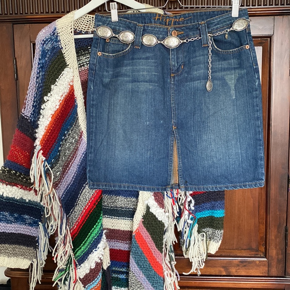 Hippie brand vintage jean skirt denim mini light distressing whiskers front slit